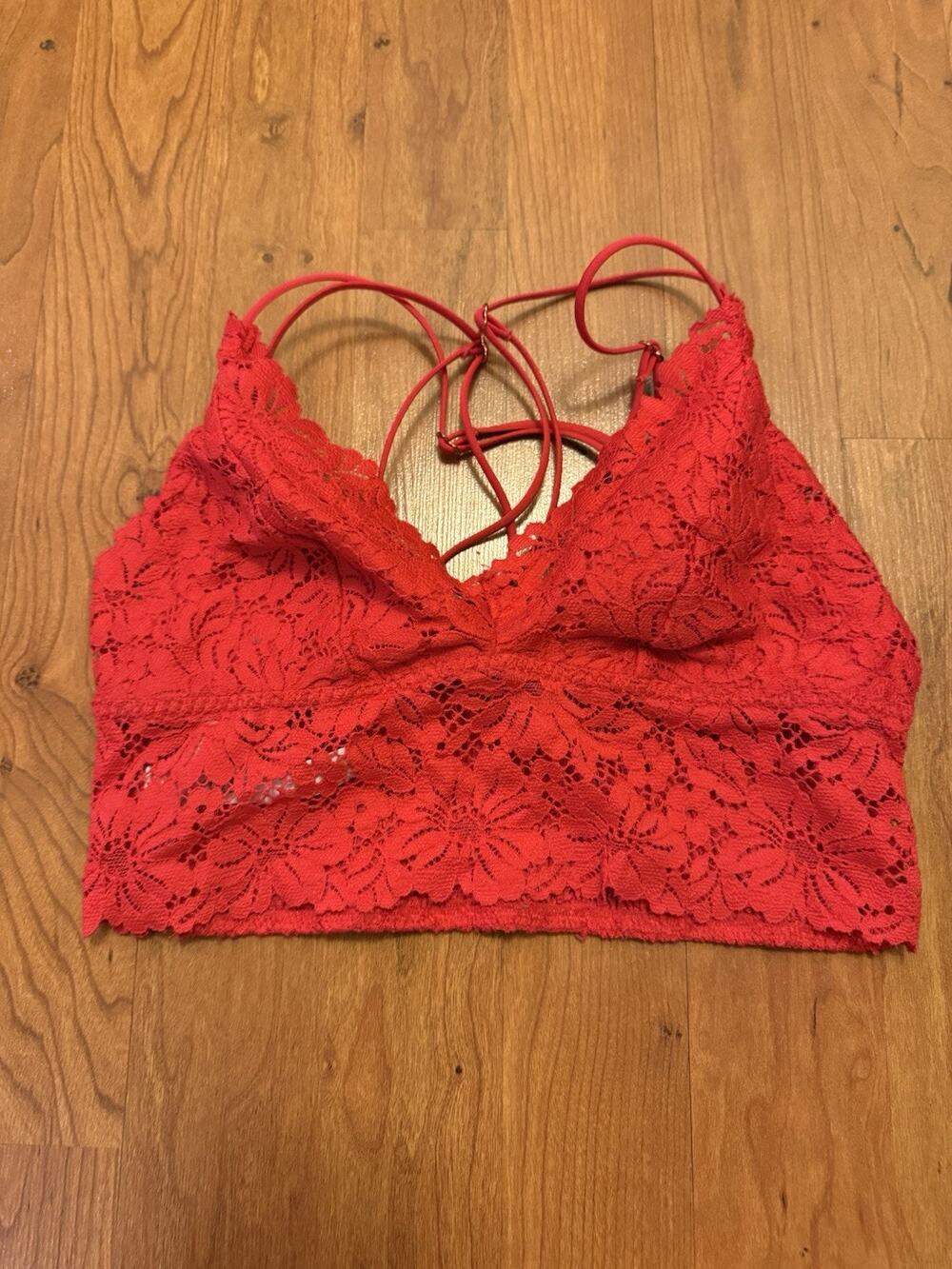 Victoria Secret Women Bra Small Red Polyblend Strappy Floral Lace Bralette